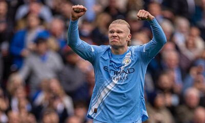 Erling Haaland celebrating a goal for Manchester City, illustrating the team's attacking reliance.