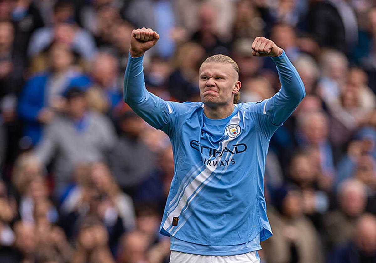 Erling Haaland celebrating a goal for Manchester City, illustrating the team's attacking reliance.