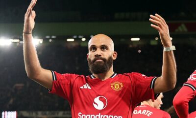 Manchester United players celebrating a goal in their 4-2 Premier League victory over Brighton & Hove Albion.