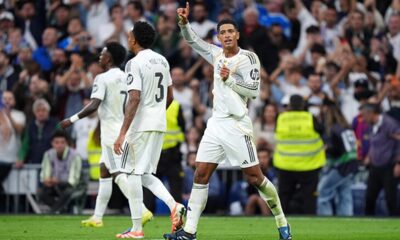 Jude Bellingham celebrating his winning goal for Real Madrid in El Clásico against FC Barcelona.
