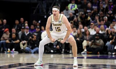 Austin Reaves of the Los Angeles Lakers celebrates after scoring a career-high 50 points in a stunning NBA performance.