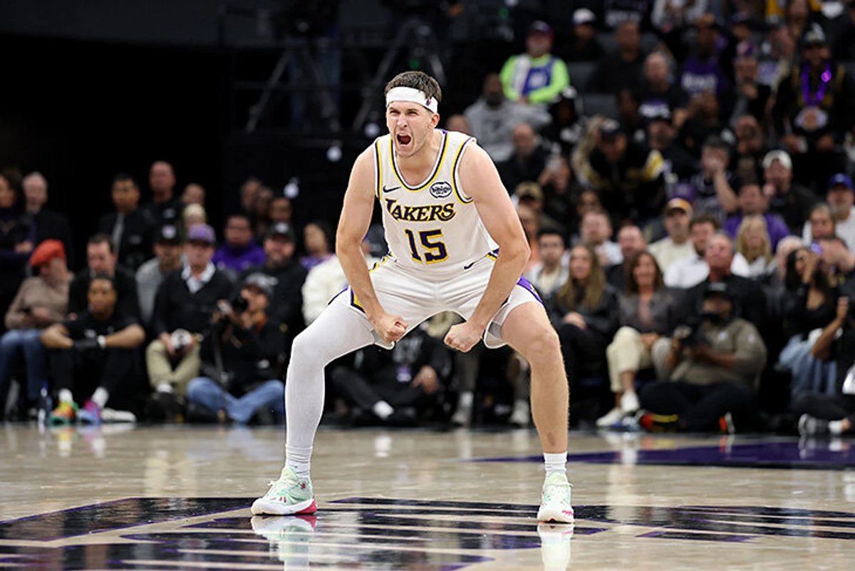 Austin Reaves of the Los Angeles Lakers celebrates after scoring a career-high 50 points in a stunning NBA performance.