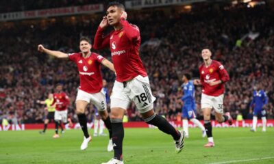 Casemiro celebrating a goal for Manchester United under new manager Ruben Amorim, looking revitalized on the pitch.