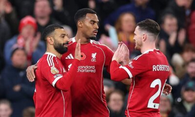 Mohamed Salah celebrates scoring his 250th Liverpool goal in a match against Aston Villa.