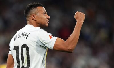 Kylian Mbappé celebrating a goal for Real Madrid in their 4-0 La Liga victory over Valencia.